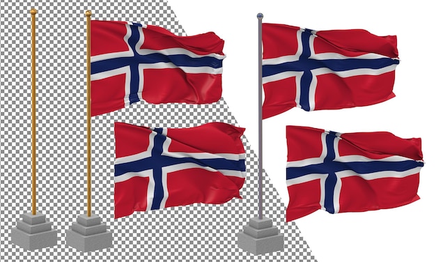 PSD bandera de noruega ondeando un estilo diferente con un poste de soporte aislado renderización en 3d