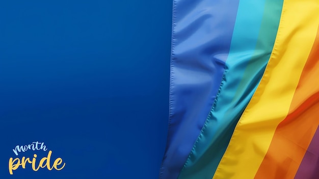 Bandera del orgullo PSD sobre un fondo azul con texto editable Bandera del arco iris amor y Día del orgullo de la diversidad