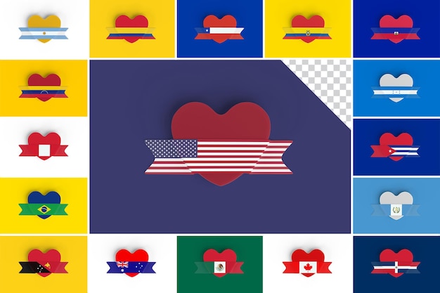 Bandera de los países de américa del sur y del norte y de la bandera del corazón de oceanía