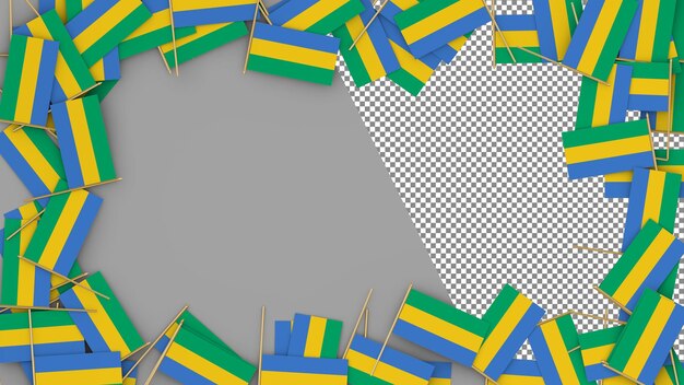 Bandera de papel de Gabón esparcida alrededor del marco Renderizado en 3D