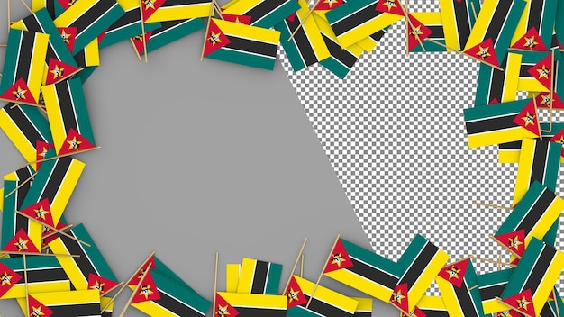 Bandera de papel de Mozambique esparcida alrededor del marco Renderizado en 3D