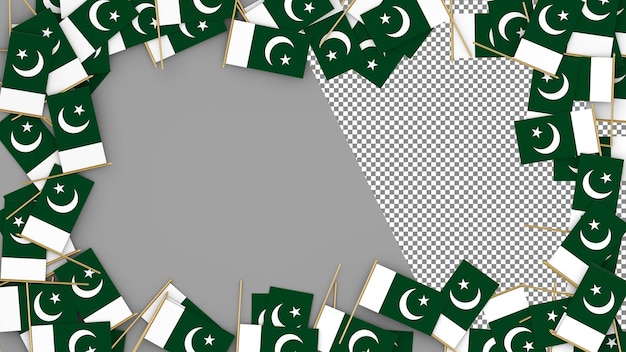 Bandera de papel de Pakistán esparcida alrededor del marco Renderizado en 3D