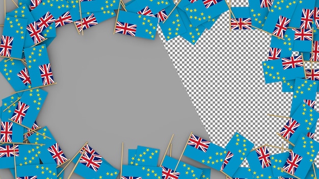 Bandera de papel de Tuvalu esparcida alrededor del marco Renderizado en 3D