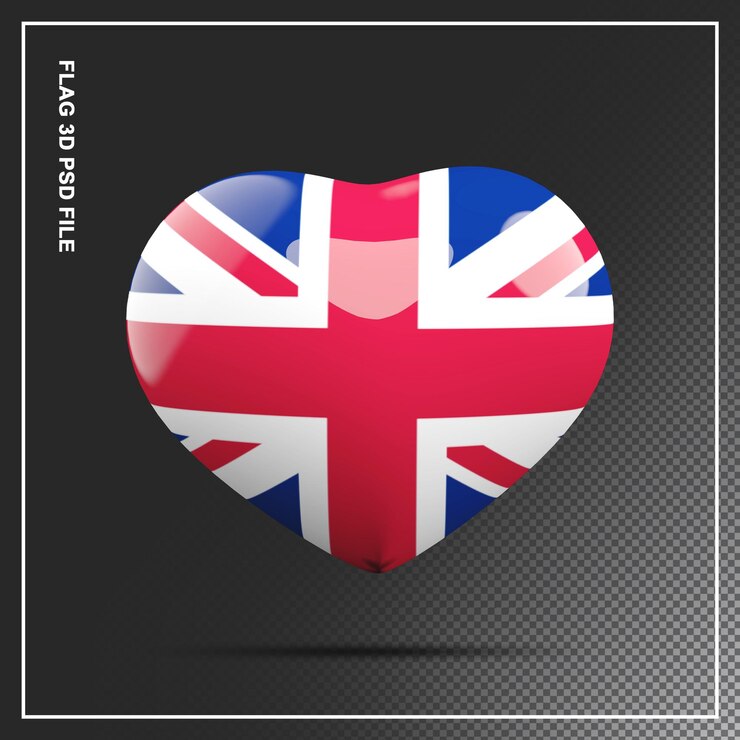 PSD bandera del reino unido forma corazón elemento 3d