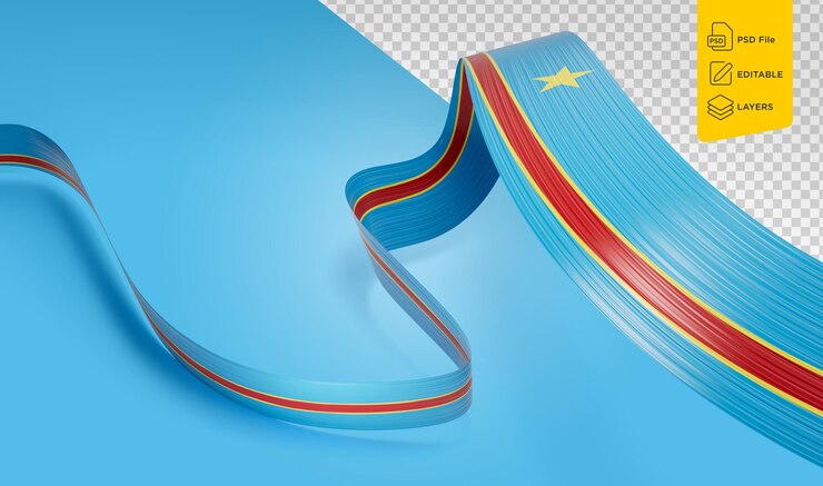 PSD bandera de la república democrática del congo agitando la bandera de la cinta en el fondo azul ilustración 3d