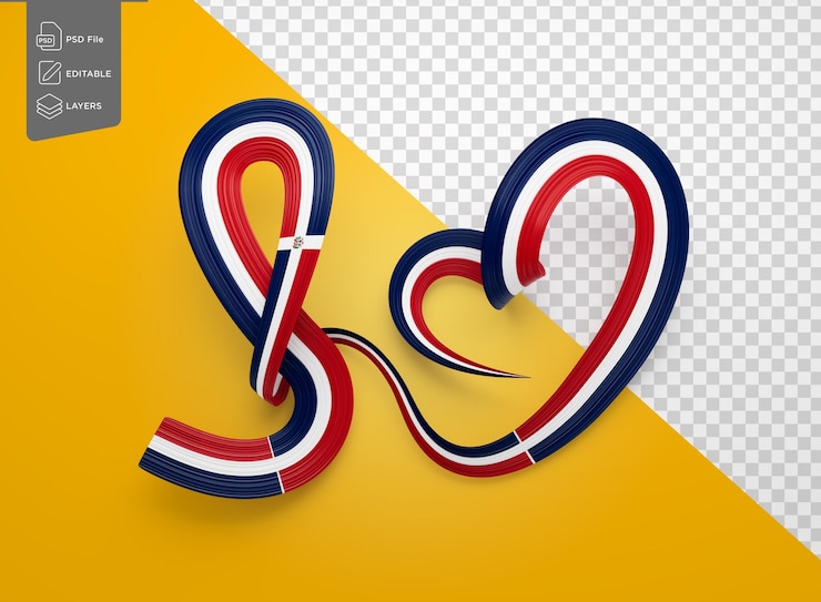 PSD bandera de la república dominicana en forma de corazón con una cinta de conciencia ondulada y brillante ilustración de la bandera en 3d