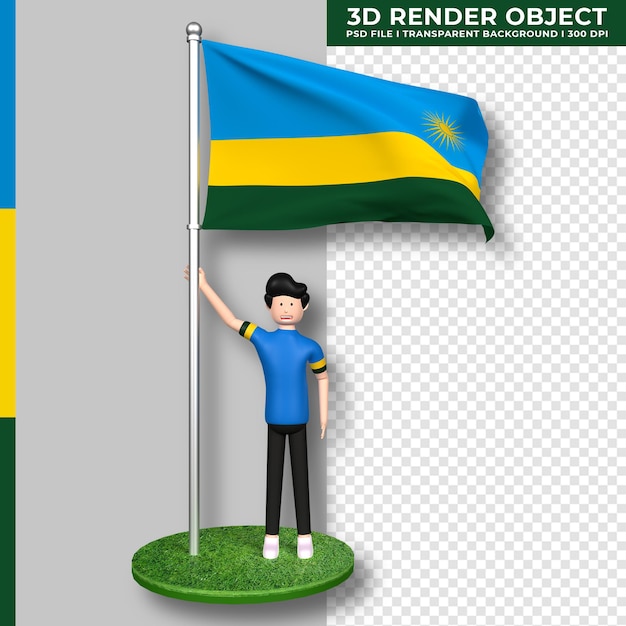 Bandera de ruanda con personaje de dibujos animados de gente linda. día de la independencia. representación 3d.