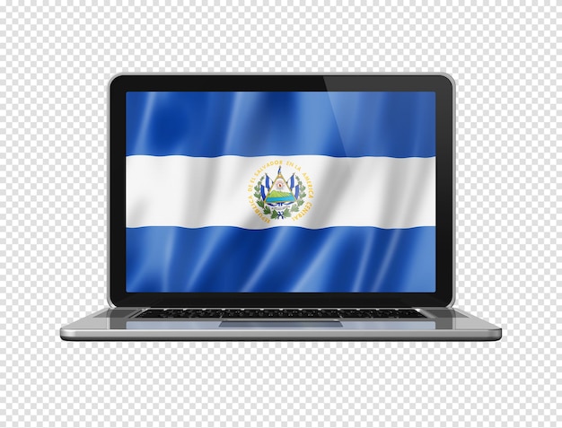 Bandera salvadoreña en la pantalla del portátil aislado en blanco ilustración 3D