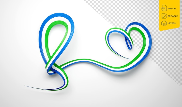 PSD bandera de sierra leona en forma de corazón con una cinta de concienciación ondulada y brillante sobre un fondo blanco ilustración en 3d