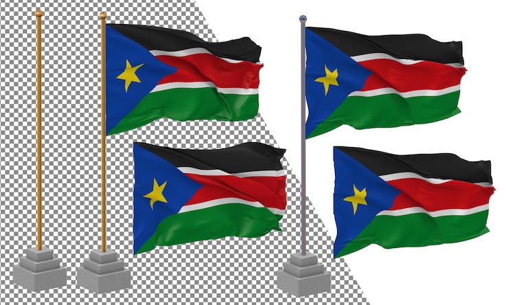 PSD bandera de sudán del sur ondeando un estilo diferente con un poste de soporte aislado renderizado en 3d