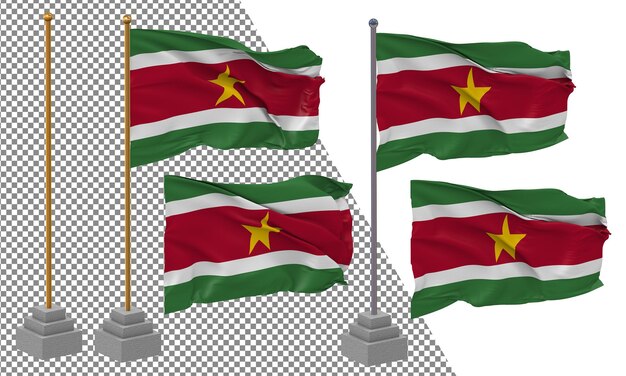 Bandera de Suriname ondeando un estilo diferente con un poste de soporte aislado Renderizado en 3D