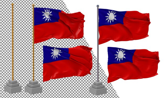 Bandera de Taiwán ondeando un estilo diferente con un poste de soporte aislado Renderizado en 3D