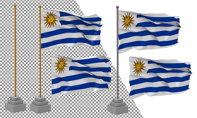 Bandera de Uruguay ondeando un estilo diferente con un poste de soporte aislado Renderizado en 3D