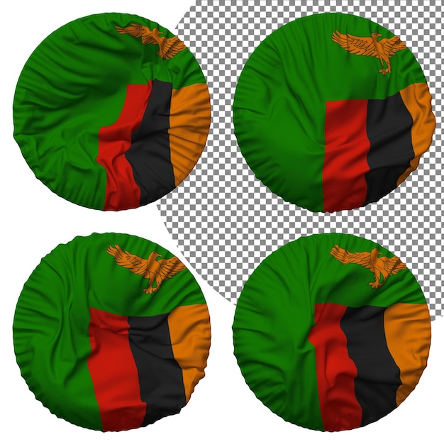 Bandera de zambia forma redonda aislada diferentes estilos de ondulación textura de protuberancia representación 3d