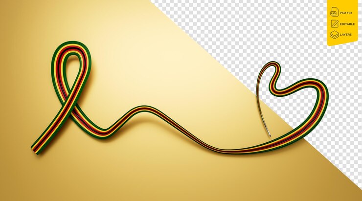 PSD la bandera de zimbabue en forma de corazón con una cinta ondulada ilustración en 3d
