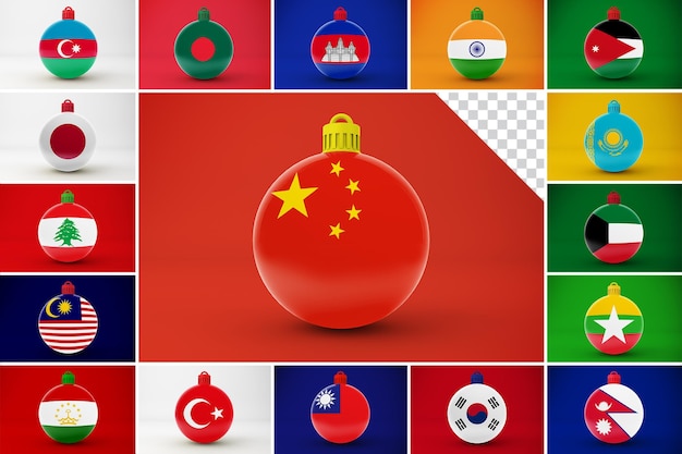 PSD banderas de adornos navideños de países asiáticos