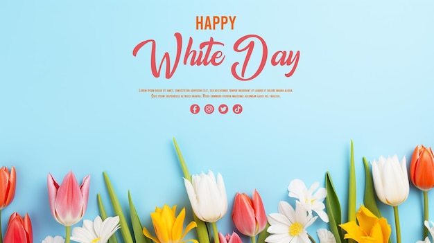 PSD banderas blancas de feliz día flores realistas