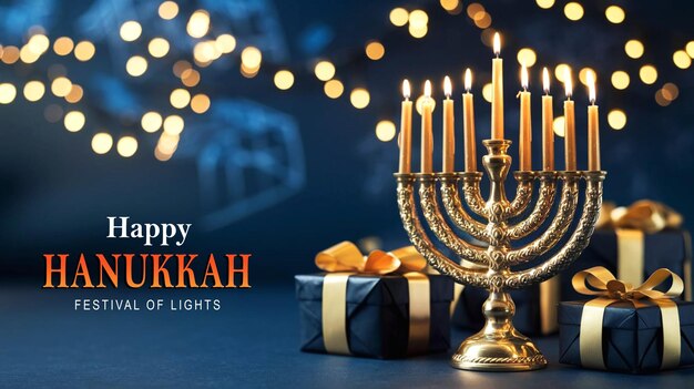 Banderas felices de Hanukkah con tema azul y dorado