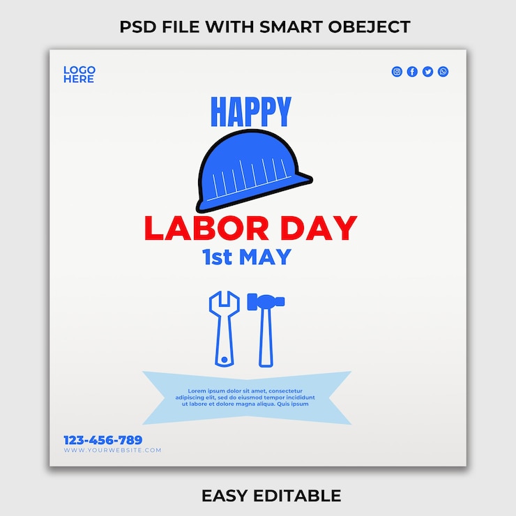 Banderas de Feliz Día del Trabajo con elementos de construcción