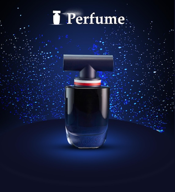 Banderas de redes sociales con botellas de perfume modernas de cobertizo azul