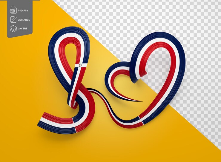 PSD bandiera 3d della repubblica dominicana forma di cuore linea di consapevolezza ondulata lucida bandiera illustrata 3d