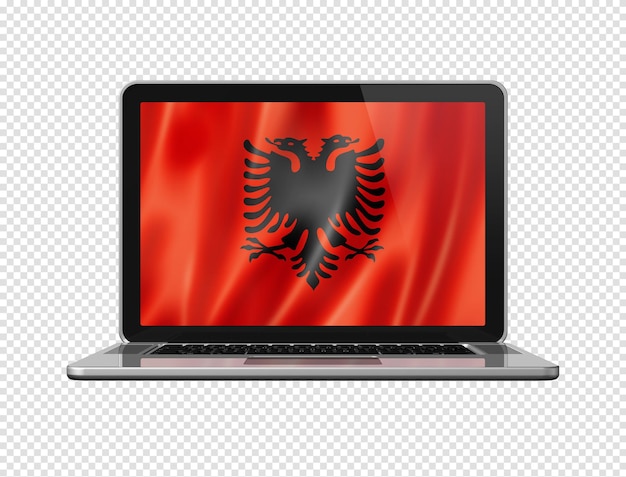 Bandiera albanese sullo schermo del laptop isolata su illustrazione 3D bianca