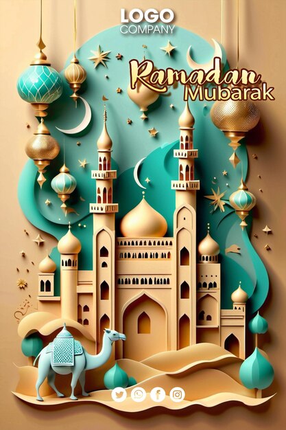 Bandiera del Ramadan moschea 3D e mezzaluna visualizzata sul cerchio una cupola di cipolla sullo sfondo