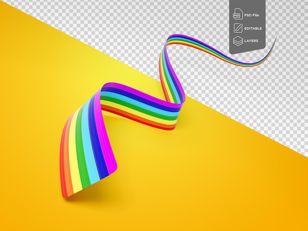 Bandiera dell'arcobaleno ondulato ribbone arcobaleno lucido isolato su sfondo giallo illustrazione 3d