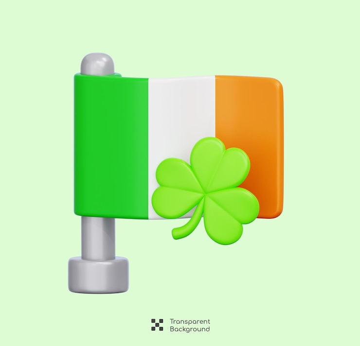 PSD bandiera dell'irlanda con foglia di trifoglio shamrock illustrazione 3d isolata in stile cartone animato minimale