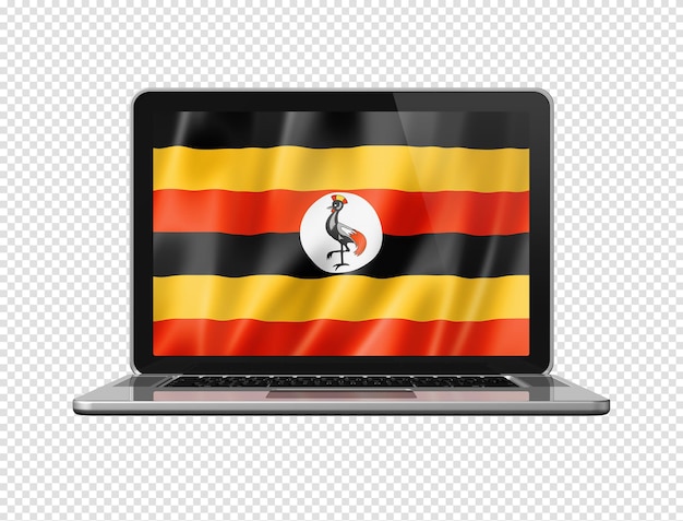 Bandiera dell'Uganda sullo schermo del laptop isolata su illustrazione 3D bianca