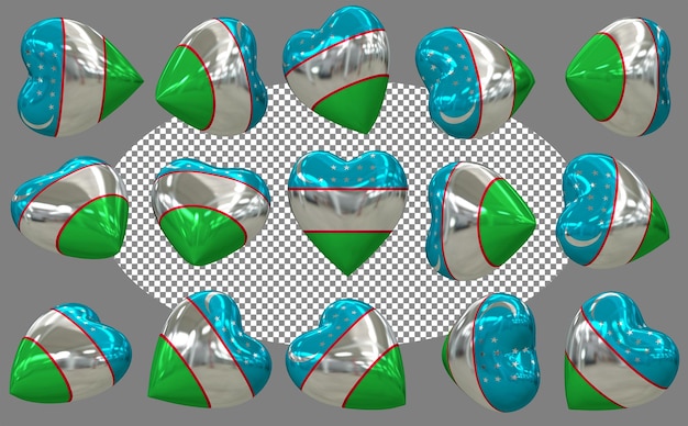 Bandiera dell'Uzbekistan 3D Heart Isolata in diverse posizioni Rendering 3D