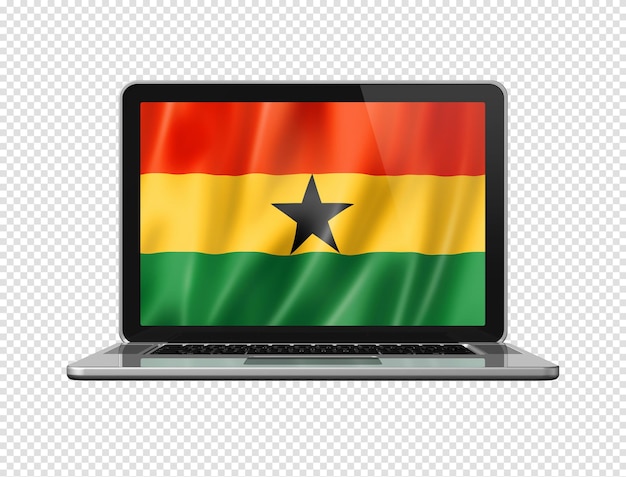 Bandiera della bandiera del Ghana sullo schermo del laptop isolato su illustrazione 3D bianca