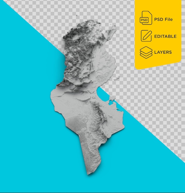 Bandiera della mappa della Tunisia Rilievo ombreggiato Mappa dell'altezza del colore su un'illustrazione 3d di sfondo isolata