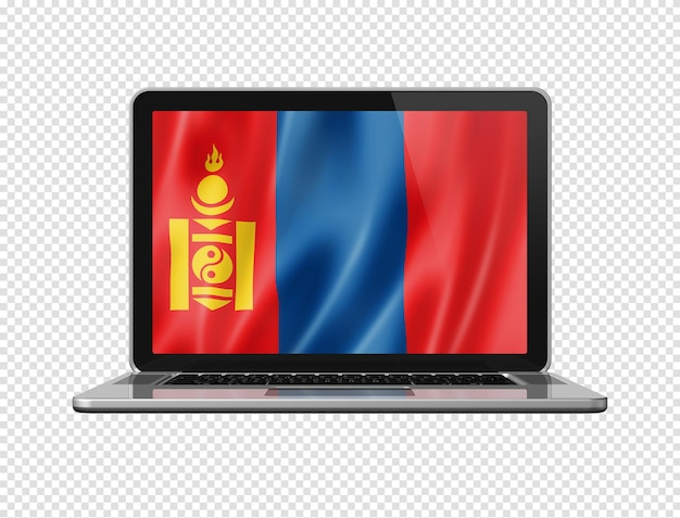 Bandiera della Mongolia sullo schermo del laptop isolata su illustrazione 3D bianca