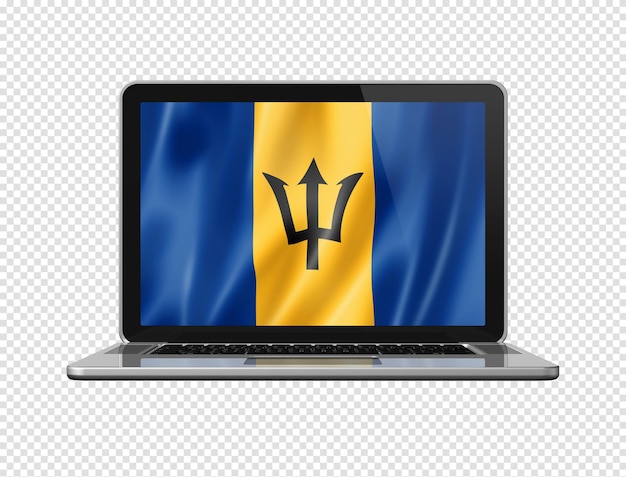 Bandiera delle Barbados sullo schermo del laptop isolato su illustrazione 3D bianca