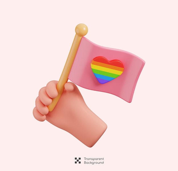 Bandiera LGBT a mano con decorazioni a cuore arcobaleno L'icona dell'elemento del mese dell'orgoglio LGBTQ rendering 3D