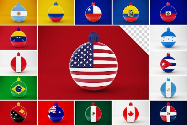 Bandiere dell'ornamento di Natale dei paesi del Sud e del Nord America e dell'Oceania