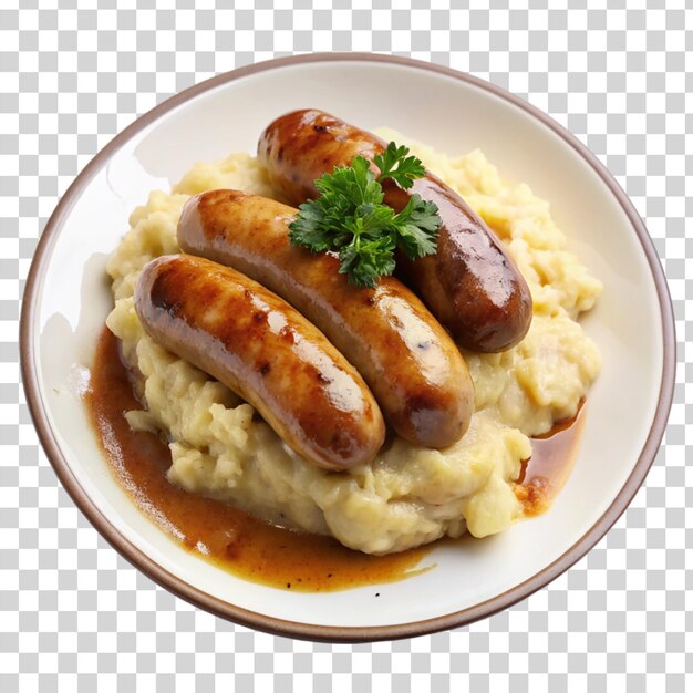 PSD bangers and mash on white plate isolated on transparent background