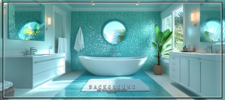 PSD banheiro moderno com paredes de azulejos turquesa, banheira independente e plantas tropicais