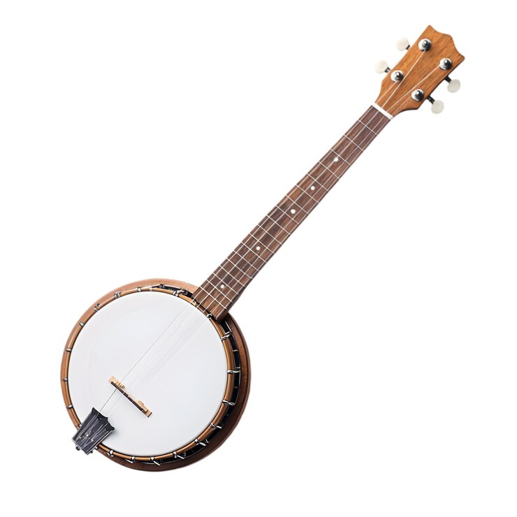 PSD banjo con mango de madera sobre fondo blanco para instrumento musical y concepto de música folclórica