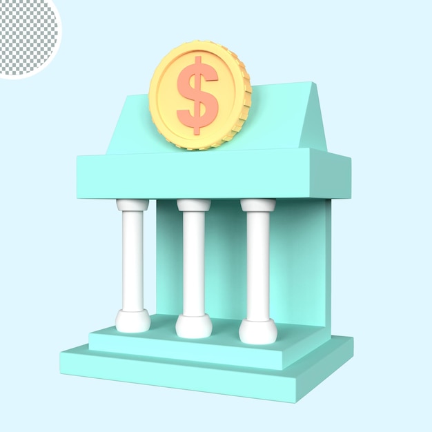 Bankgebäude mit dollarmünze 3d-rendering-symbolillustration