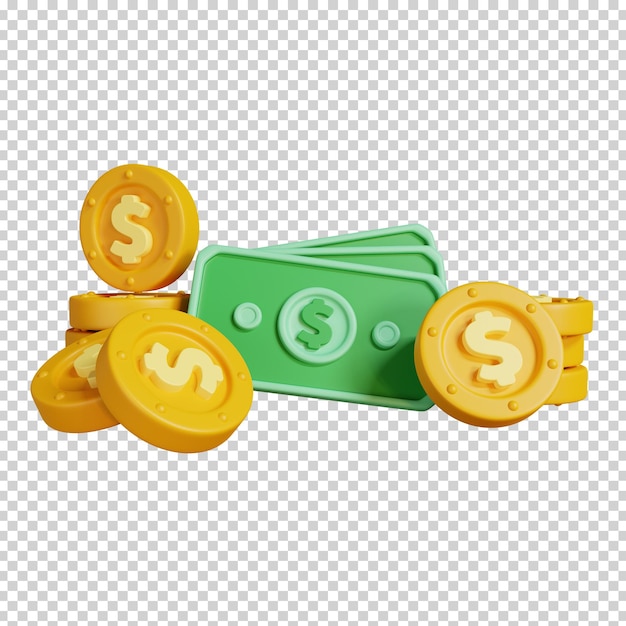 Banknoten und Münzen mit US-Dollar-Zeichen isoliert Symbol für Geldwährung 3D-Rendering-Illustration