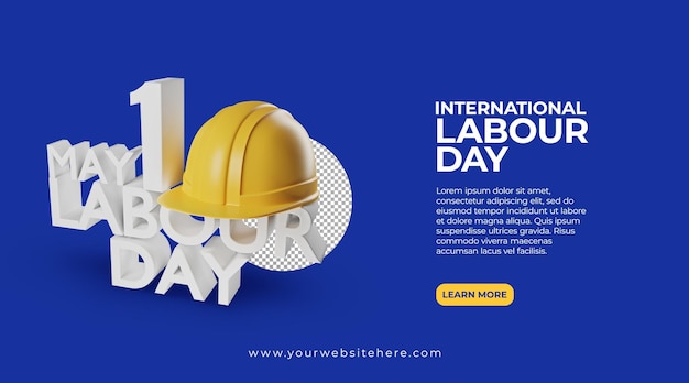 Banner del 1 de mayo del Día Internacional del Trabajo con ilustración de casco de seguridad 3D