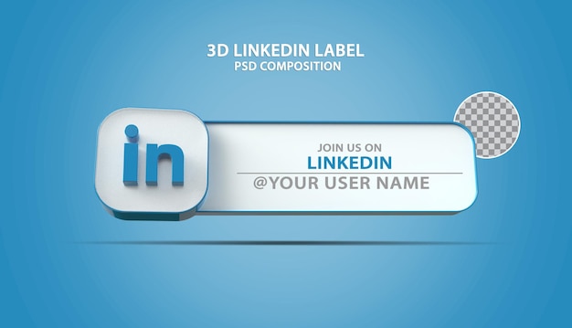 PSD banner 3d icono de linkedin con cuadro de texto de etiqueta