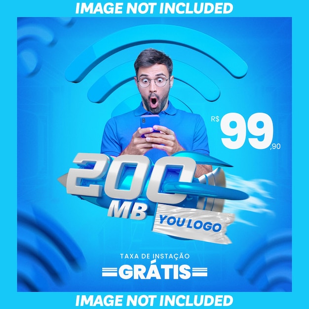 BANNER 3D INTERNET 200 MEGAS PROVIDER CON TEXTO EDITABLE SOBRE FONDO AZUL