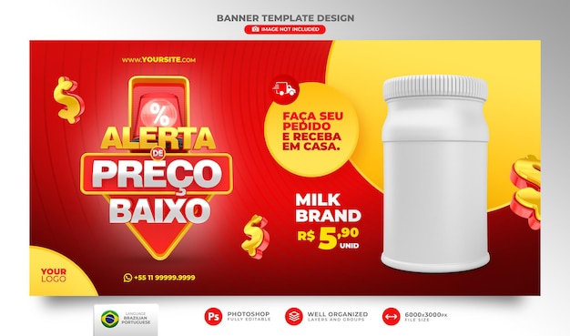 Banner alerta de preço baixo para campanha de marketing no brasil template design em português 3d render
