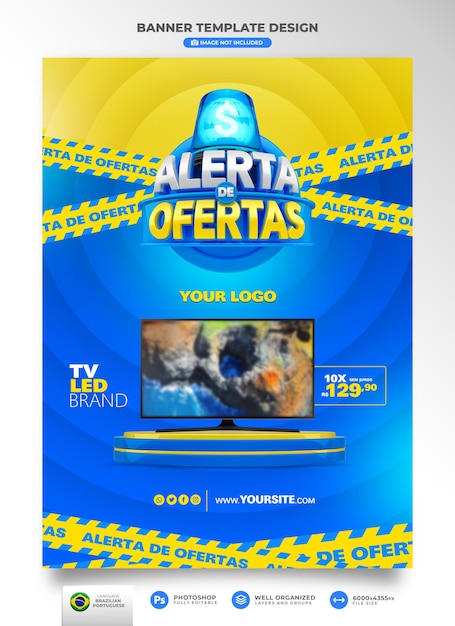 PSD banner de alerta de ofertas en brasil render 3d plantilla en portugués para marketing