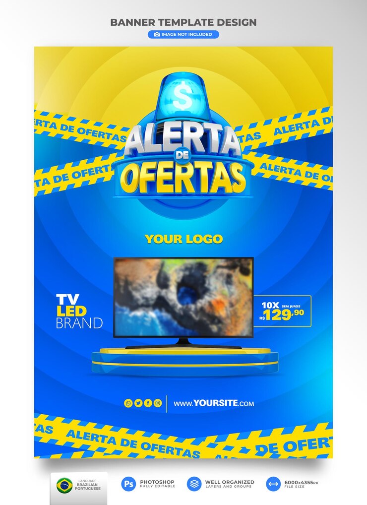 PSD banner de alerta de ofertas en brasil render 3d plantilla en portugués para marketing