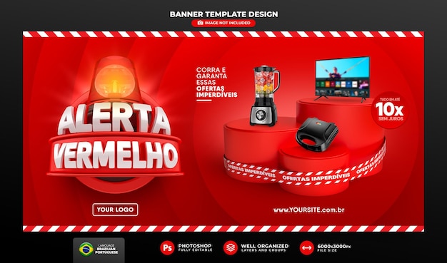 Banner alerta vermelho de ofertas no brasil render 3d template design em português