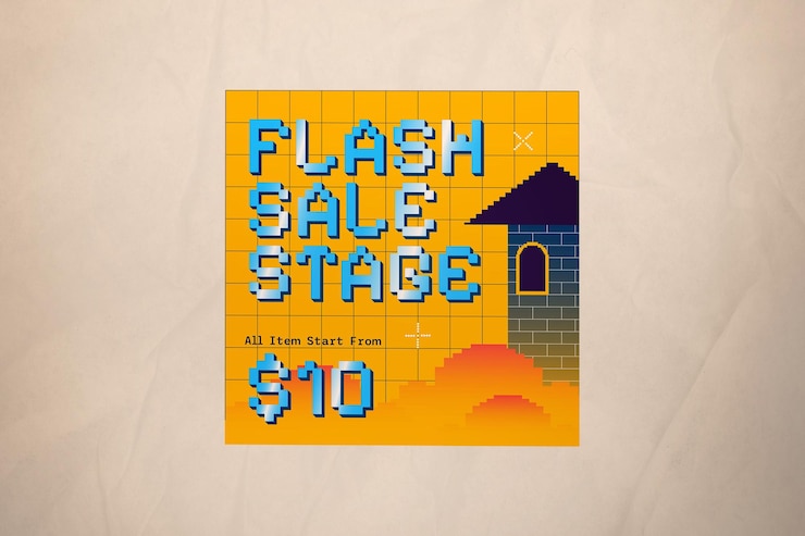 PSD banner amarillo de venta de juegos flash de pixel art